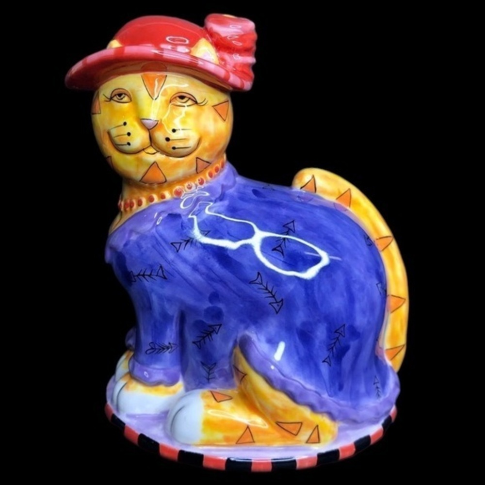 CM Redwine Pacfic Giftware Cat Piggy Bank Red Hat Society in EUC